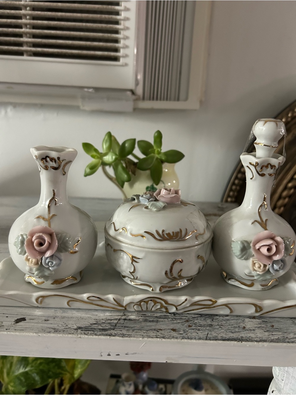 Decorative White Porcelain Vanity Set with tray with Pink Rose Accents